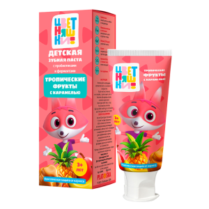 Детская зубная паста TM Clean-baby ЦВЕТНЯШКИ (3+) Тропические фрукты с карамелью, 50 мл