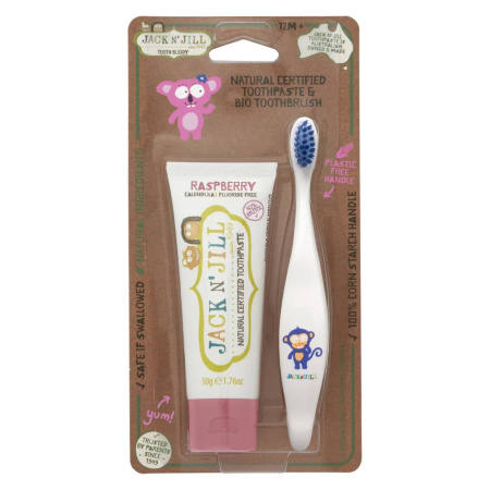 НАБОР Jack N' Jill Органическая зубная паста Raspberry МАЛИНА+ зубная щетка Unicorn/Monkey
