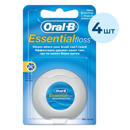 НАБОР 4 шт! Нить межзубная вощеная Oral-B Essential, мятная, 50 м