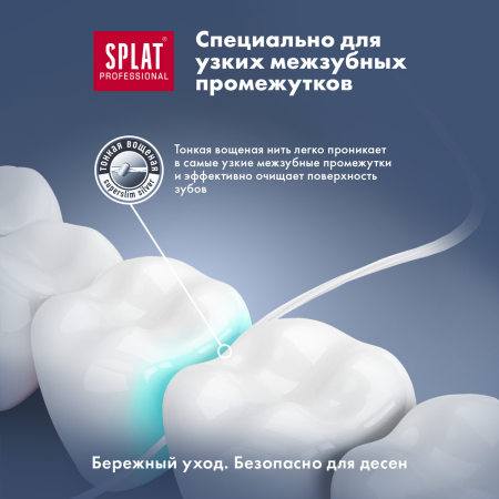 Нить узкая вощеная SPLAT Dental Floss мятная с волокнами серебра, 30 м