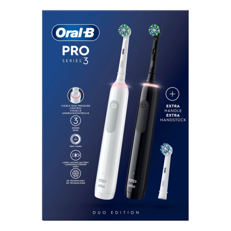 Набор из двух электрических зубных щеток Oral-B Pro 3 3900 Duo (белая/черная, D505.533.3H), 3 насадки
