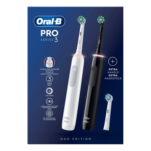 Набор из двух электрических зубных щеток Oral-B Pro 3 3900 Duo (белая/черная, D505.533.3H), 3 насадки Набор из двух электрических зубных щеток Oral-B Pro 3 3900 Duo (белая/черная, D505.533.3H), 3 насадки