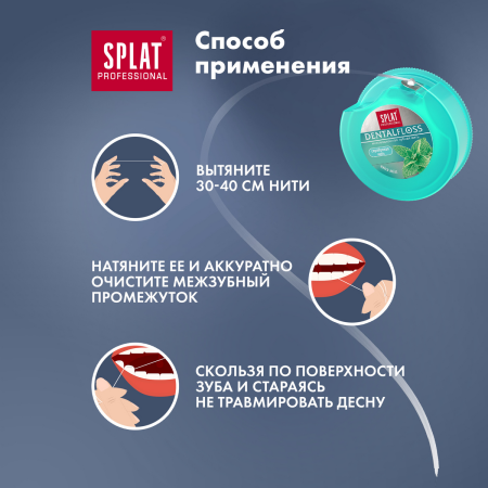 Нить узкая вощеная SPLAT Dental Floss мятная с волокнами серебра, 30 м