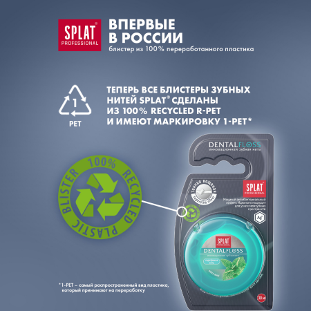 Нить узкая вощеная SPLAT Dental Floss мятная с волокнами серебра, 30 м