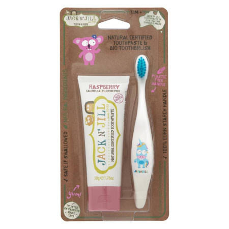 НАБОР Jack N' Jill Органическая зубная паста Raspberry МАЛИНА+ зубная щетка Unicorn/Monkey